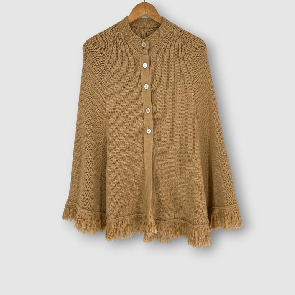 Vintage Fringe Knit Cardigan Poncho Cape Sweater Tan Button Front Boho